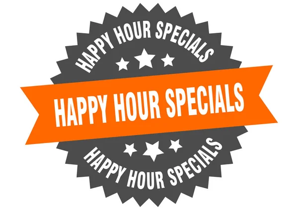 Signo especial de la hora feliz. happy hour especiales naranja-negro etiqueta de banda circular — Archivo Imágenes Vectoriales