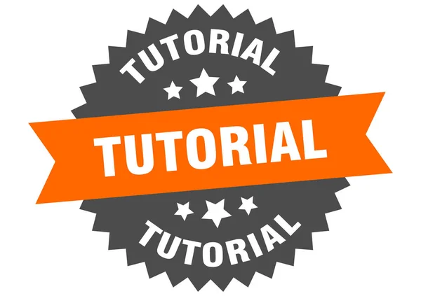 Segno tutorial. tutorial etichetta circolare arancione-nera — Vettoriale Stock