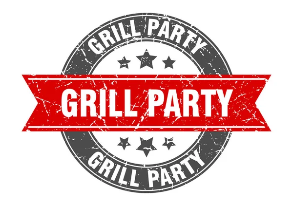 На гриле круглая марка с красной лентой. Grill party — стоковый вектор