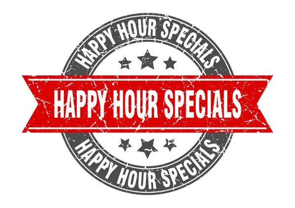 Happy hour specials round stamp with red ribbon. happy hour specials — Stock Vector