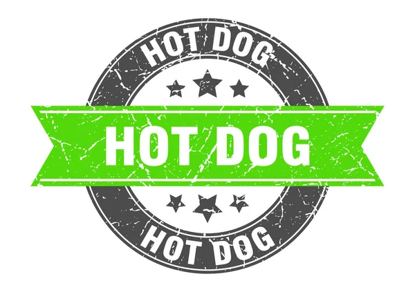 Sello redondo de hot dog con cinta verde. perrito caliente — Vector de stock