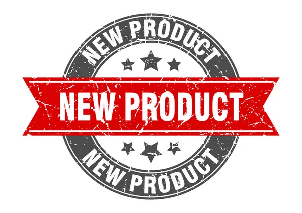 Nuevo sello redondo del producto con cinta roja. nuevo producto — Archivo Imágenes Vectoriales