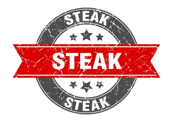 Timbre rond steak avec ruban rouge. steak — Image vectorielle