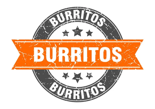 Burritos runde Marke mit orangefarbener Schleife. Burritos — Stockvektor