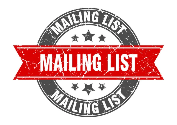 Mailing list timbro rotondo con nastro rosso. mailing list — Vettoriale Stock