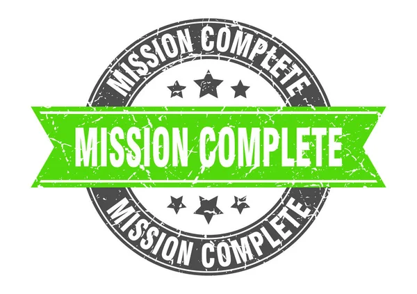Mission complete round stamp with green ribbon. mission complete — Stock vektor
