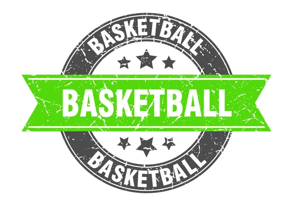 Basketball round stamp with green ribbon. basketball — Stock vektor