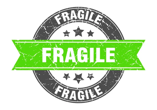 Fragile timbre rond avec ruban vert. fragile — Image vectorielle