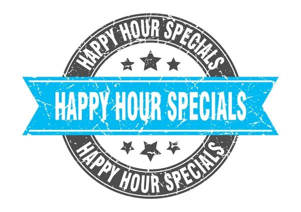 Happy hour specials round stamp with turquoise ribbon. happy hour specials — ストックベクタ