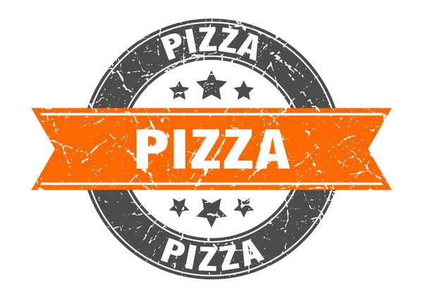 Pizza round stamp with orange ribbon. pizza — Stock Vector