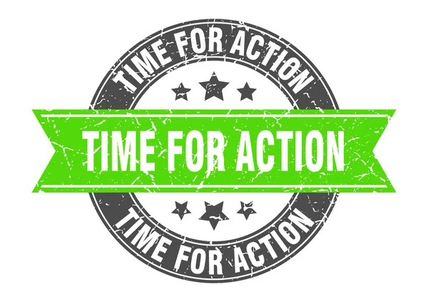 Temps pour l'action timbre rond avec ruban vert. temps d'action — Image vectorielle