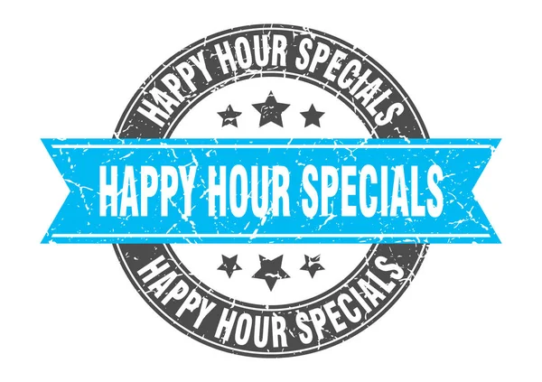 Sello redondo especial happy hour con cinta turquesa. especiales de hora feliz — Vector de stock