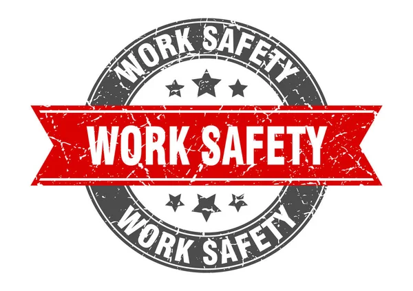 Work safety round stamp with red ribbon. work safety — ストックベクタ