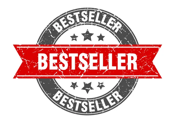 Bestseller timbro rotondo con nastro rosso. bestseller — Vettoriale Stock