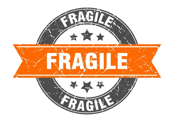 Fragile round stamp with orange ribbon. fragile — ストックベクタ