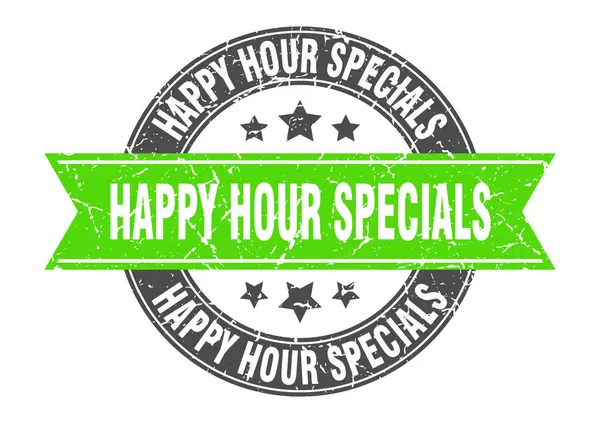 Happy Hour Specials runde Briefmarke mit grünem Band. Happy Hour Specials — Stockvektor