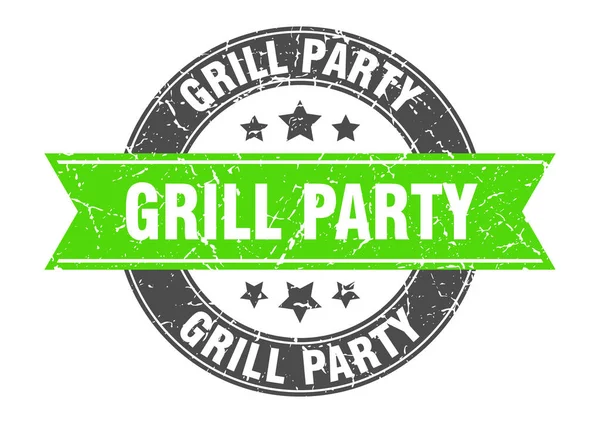 Grill party round stamp with green ribbon. Grill party — стоковый вектор