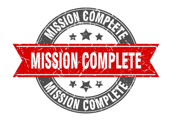 Mission complète timbre rond avec ruban rouge. mission terminée — Image vectorielle