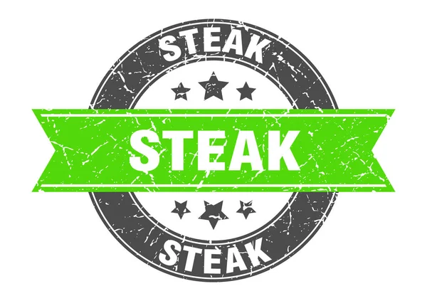 Steak round stamp with green ribbon. steak — ストックベクタ