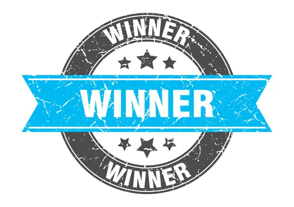 Winnaar ronde stempel met turquoise lint. winnaar — Stockvector