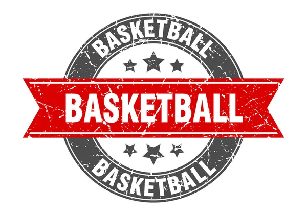 Sello redondo de baloncesto con cinta roja. baloncesto — Vector de stock