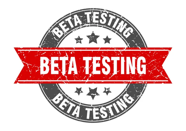 Kırmızı kurdeleli beta yuvarlak pulu test ediyor. beta testi — Stok Vektör