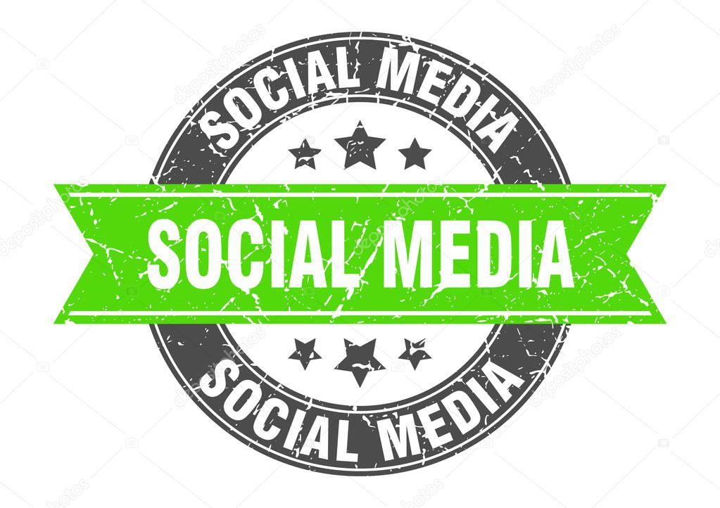social media round stamp with green ribbon. social media