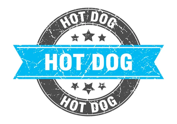 Sello redondo de hot dog con cinta turquesa. perrito caliente — Vector de stock