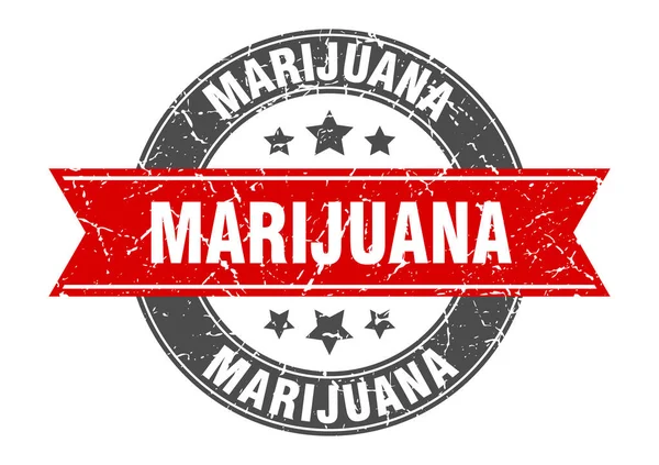Marihuana runde Briefmarke mit roter Schleife. Marihuana — Stockvektor