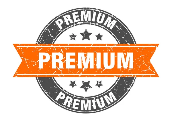 Timbre rond premium avec ruban orange. prime — Image vectorielle