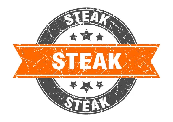 Timbre rond steak avec ruban orange. steak — Image vectorielle