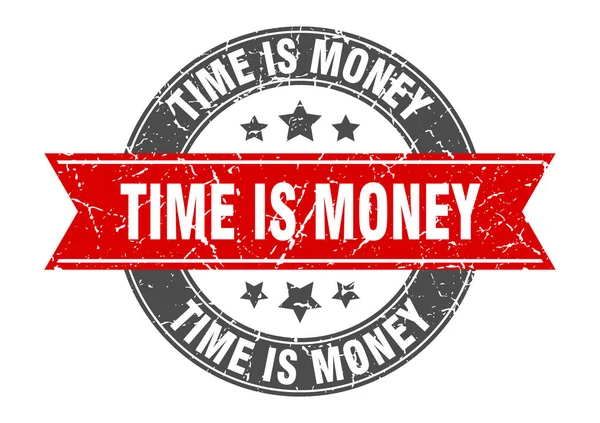 Час це грошова кругла марка з червоною стрічкою. час це гроші — стоковий вектор