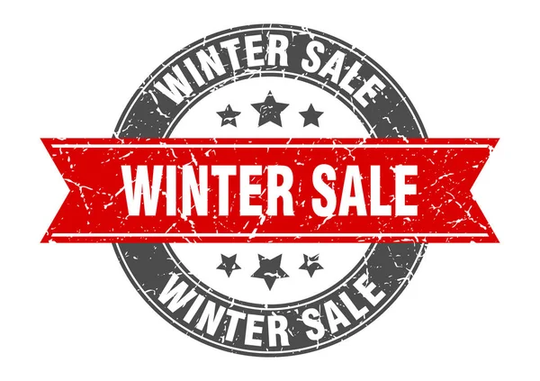 Vendita inverno timbro rotondo con nastro rosso. vendita invernale — Vettoriale Stock