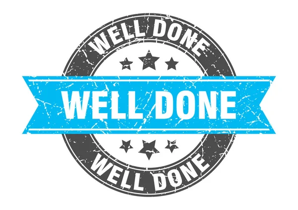 Well done round stamp with turquoise ribbon. well done — Stock Vector