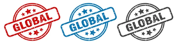 Sello Global Señal Global Redonda Aislada Conjunto Etiquetas Globales — Vector de stock