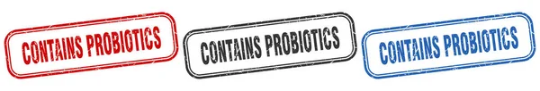 Obsahuje Probiotika Čtvercové Izolované Znakové Sady Obsahuje Probiotické Razítko — Stockový vektor