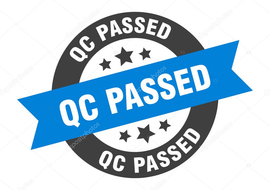 qc passed sign. round isolated sticker. ribbon tag