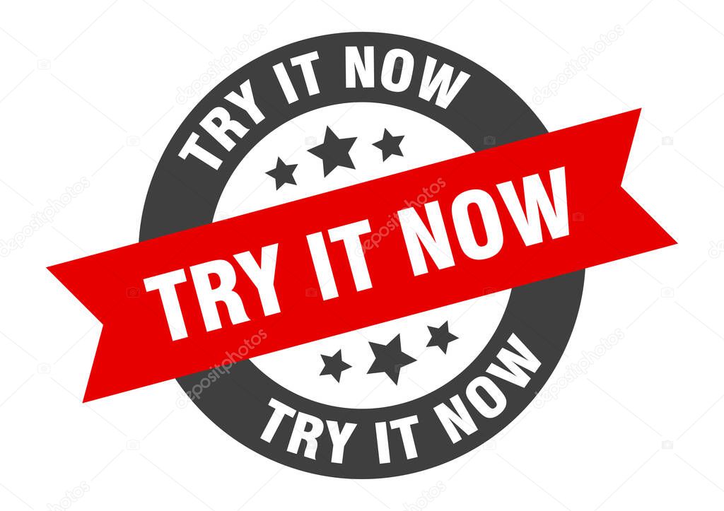 try it now sign. round isolated sticker. ribbon tag