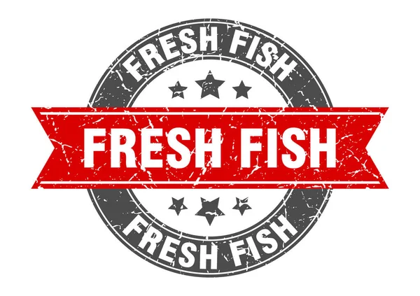 Pesce Fresco Timbro Rotondo Con Nastro Firma Etichetta — Vettoriale Stock