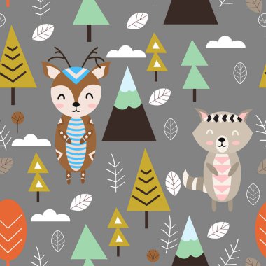 geyik ve rakun ormandaki İskandinav tarzı - vektör çizim, eps ile Seamless modeli