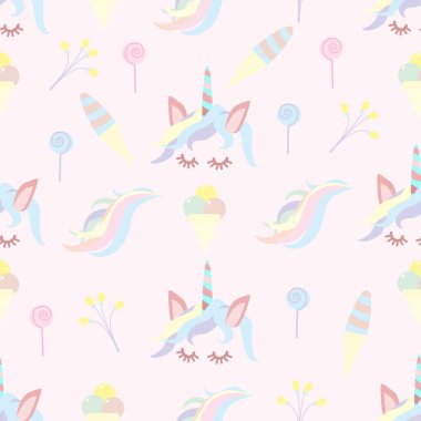 tek boynuzlu at ve tatlılar - vektör çizim, ES'lerin seamless modeli