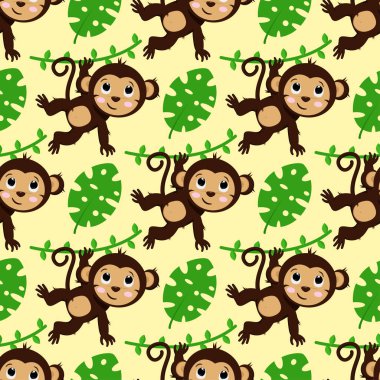 maymun ve yaprakları - vektör çizim, eps ile Seamless Modeli