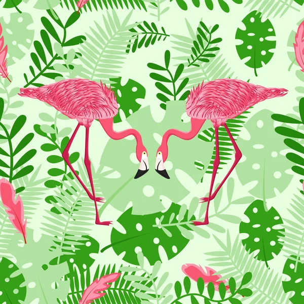 Padrão Sem Costura Com Flamingo Rosa Fundo Das Folhas Ilustração —  Vetores de Stock