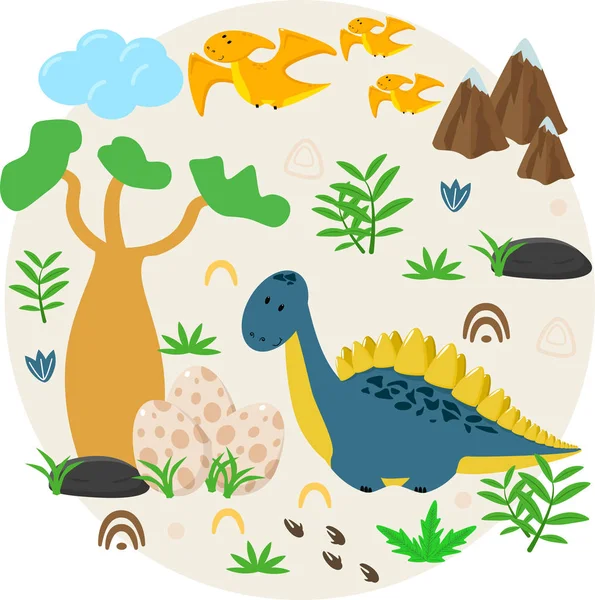 Poster Mit Dinosaurier Und Eiern Vektorillustration Eps — Stockvektor