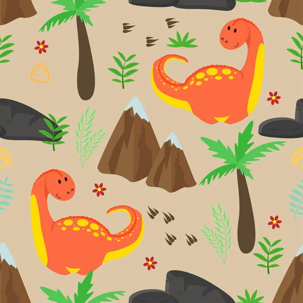 かわいい赤い恐竜と山とシームレスなパターン ベクトルイラスト Eps — ストックベクタ