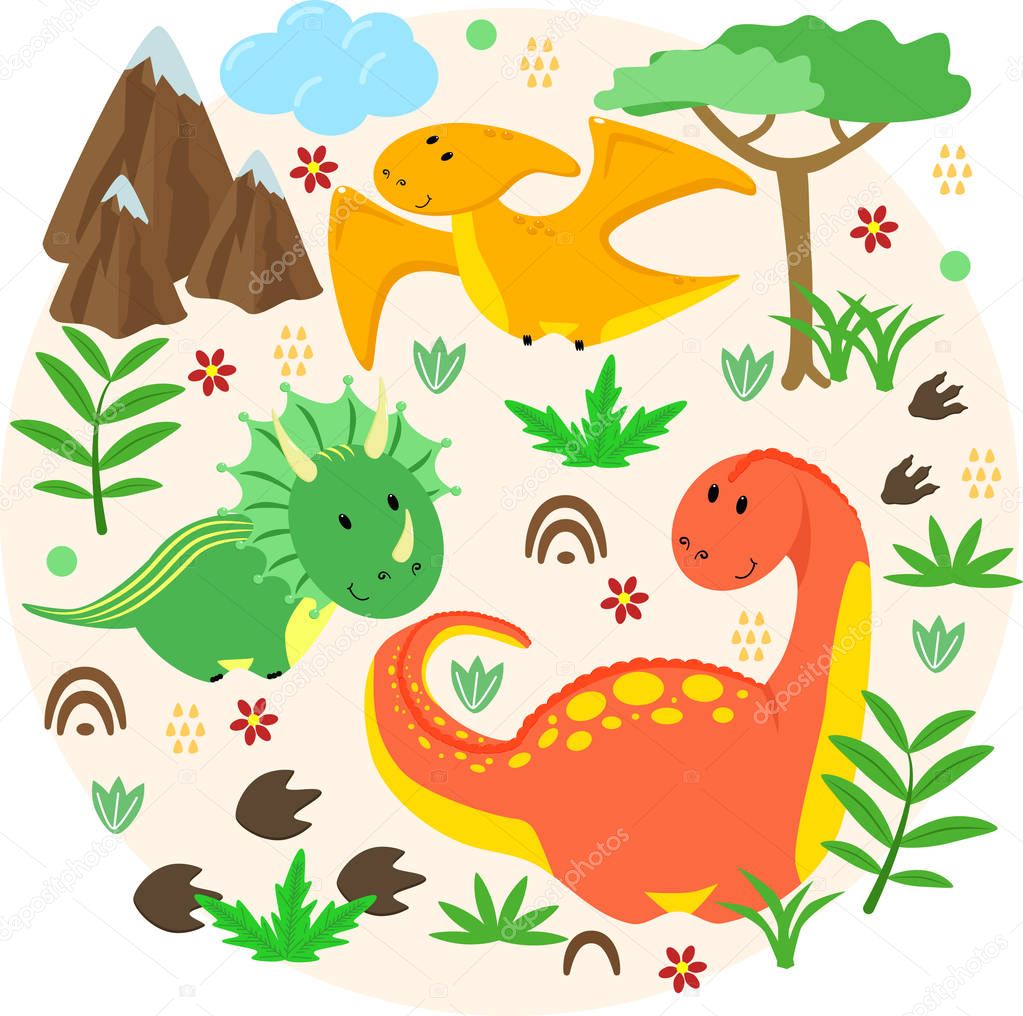 poster with green red and orange dinosaurs - vector illustration, eps