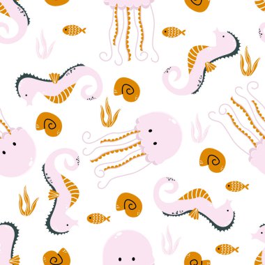 pembe ahtapot ve denizatı ile dikişsiz desen - vektör illüstrasyon, eps