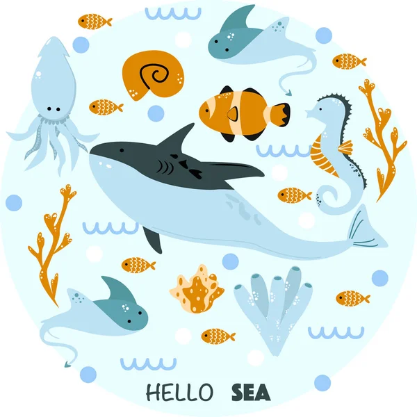 Плакат Морскими Животными Hello Sea Векторная Иллюстрация Eps — стоковый вектор