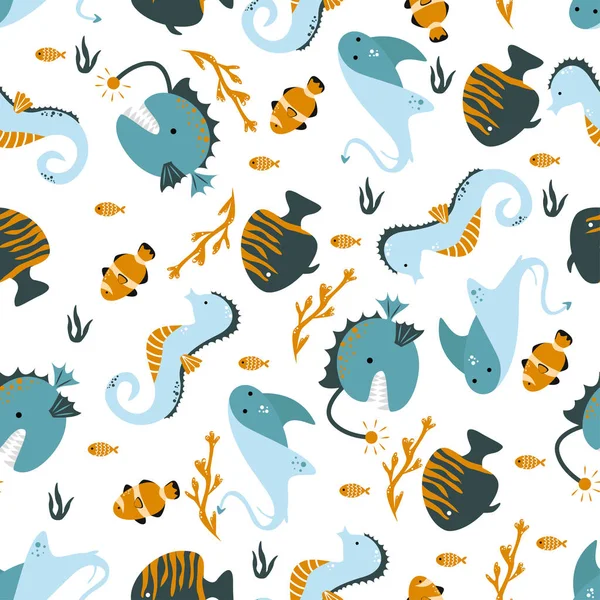 Motif Sans Couture Avec Hippocampe Raie Poisson Illustration Vectorielle Eps — Image vectorielle