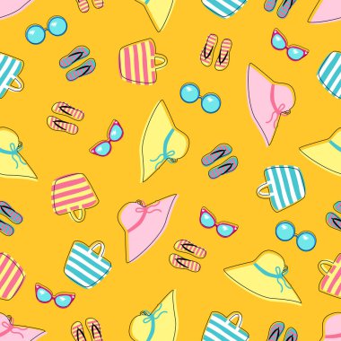 sarı arka plan üzerinde arduvaz güneş gözlüğü ve yaz şapka ile dikişsiz desen- vektör illüstrasyon, eps